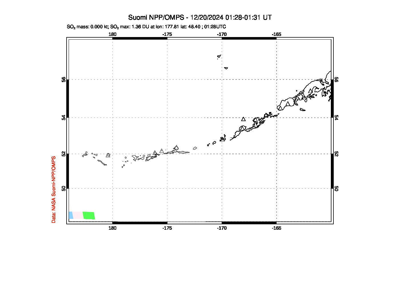 A sulfur dioxide image over Aleutian Islands, Alaska, USA on Dec 20, 2024.