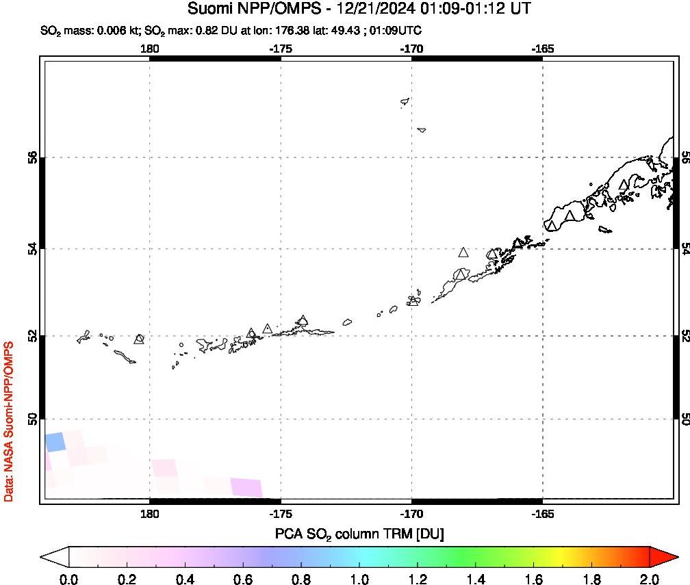 A sulfur dioxide image over Aleutian Islands, Alaska, USA on Dec 21, 2024.