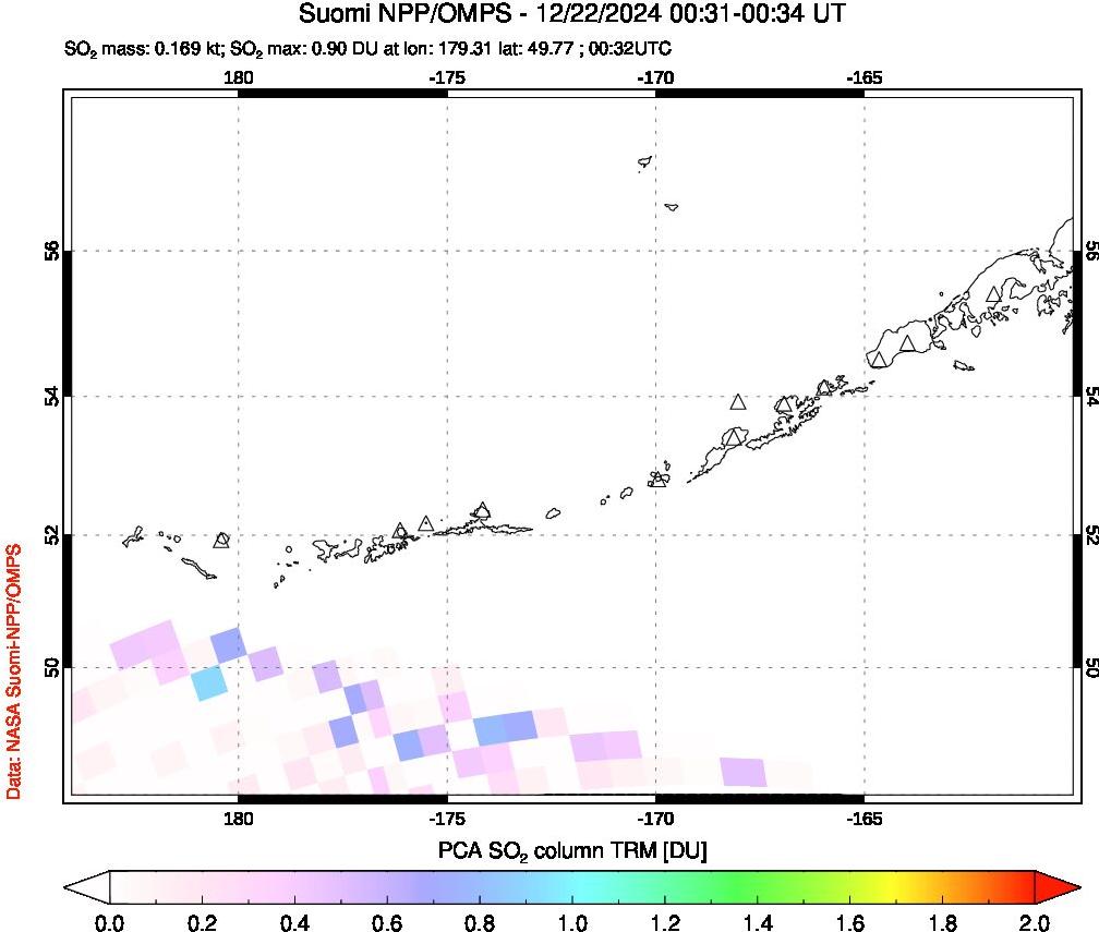 A sulfur dioxide image over Aleutian Islands, Alaska, USA on Dec 22, 2024.