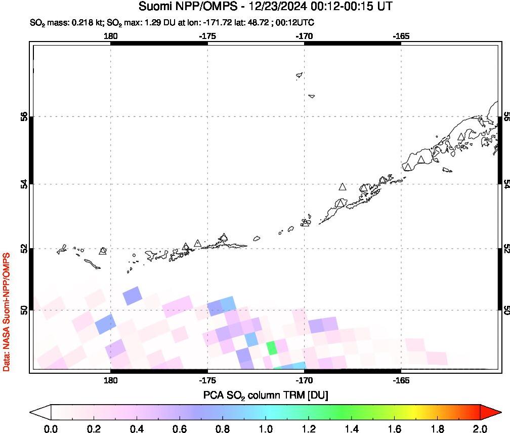 A sulfur dioxide image over Aleutian Islands, Alaska, USA on Dec 23, 2024.