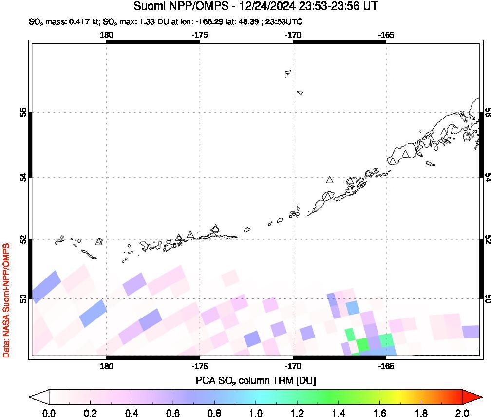 A sulfur dioxide image over Aleutian Islands, Alaska, USA on Dec 24, 2024.