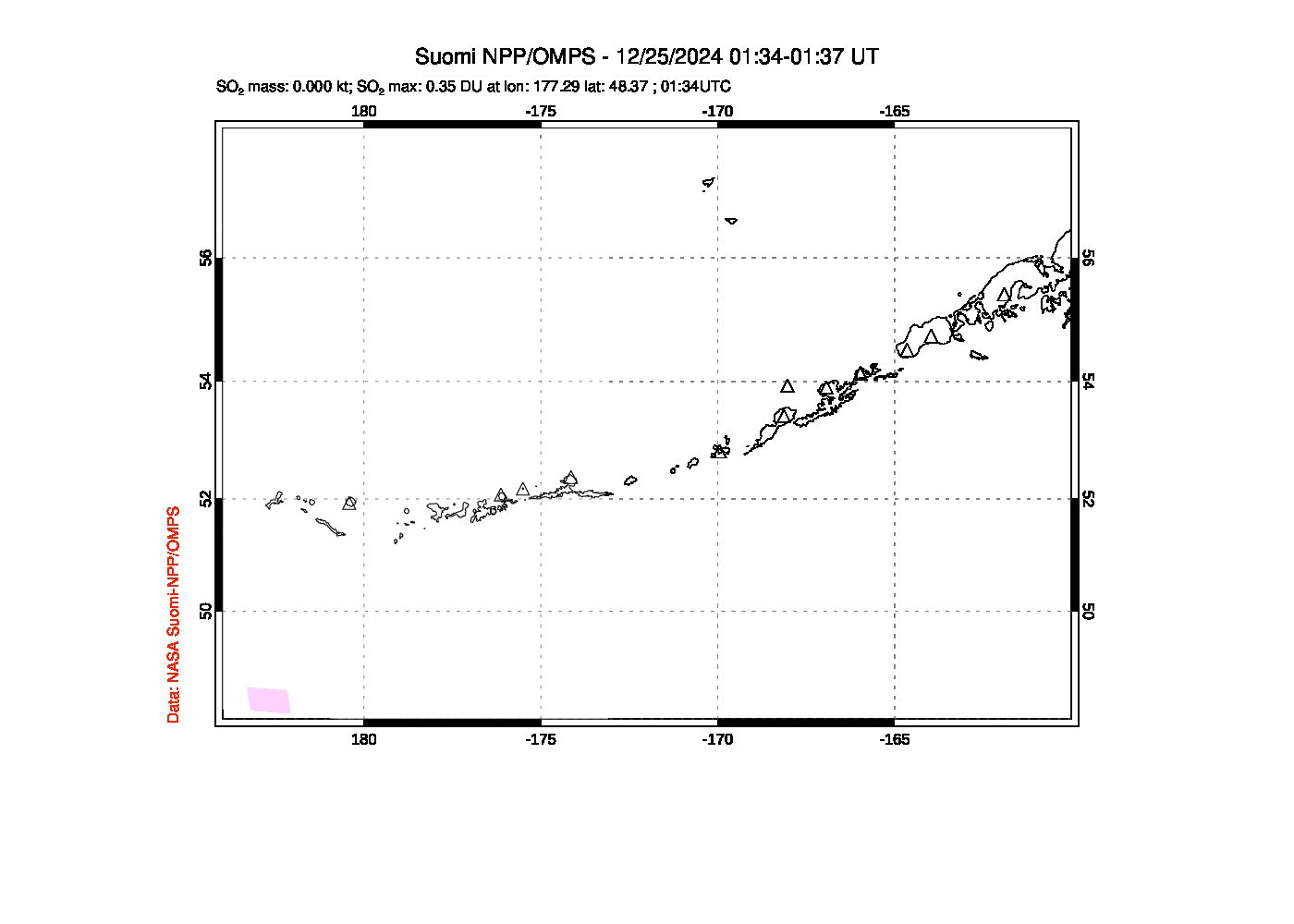 A sulfur dioxide image over Aleutian Islands, Alaska, USA on Dec 25, 2024.