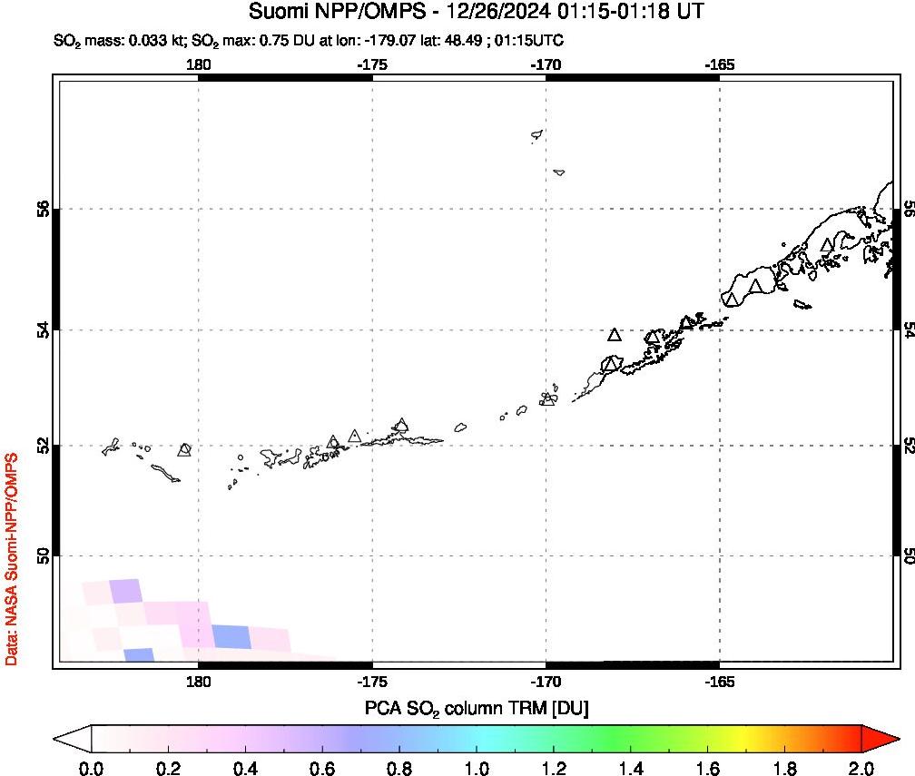 A sulfur dioxide image over Aleutian Islands, Alaska, USA on Dec 26, 2024.