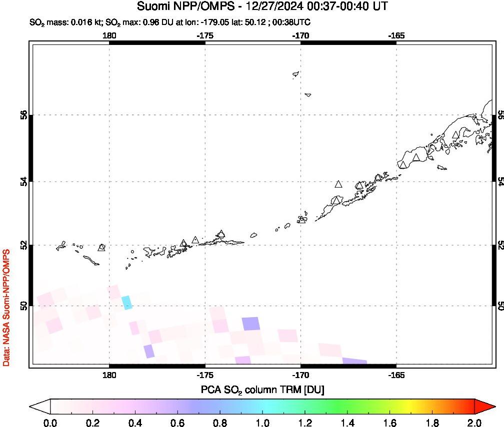 A sulfur dioxide image over Aleutian Islands, Alaska, USA on Dec 27, 2024.