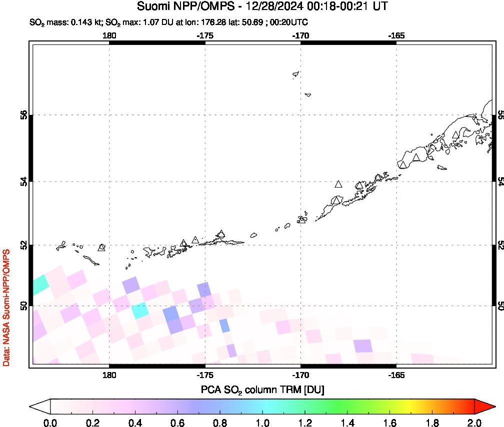 A sulfur dioxide image over Aleutian Islands, Alaska, USA on Dec 28, 2024.