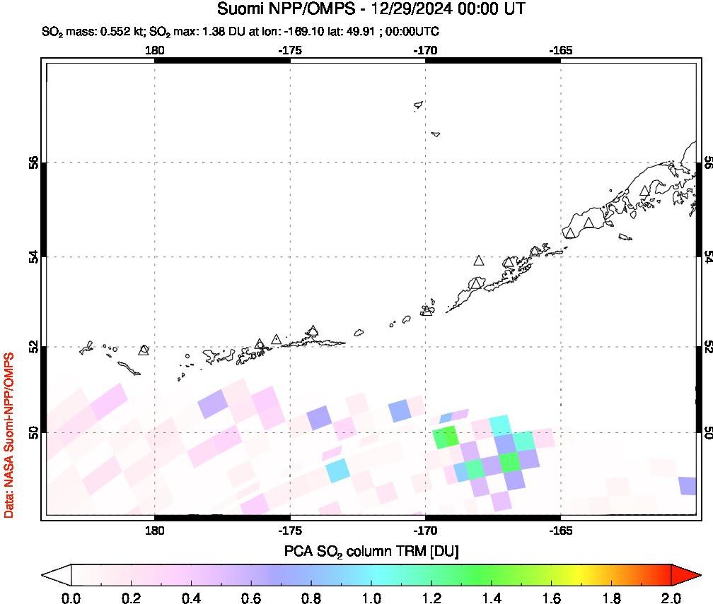 A sulfur dioxide image over Aleutian Islands, Alaska, USA on Dec 29, 2024.