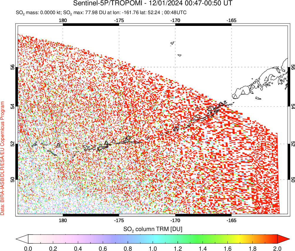 A sulfur dioxide image over Aleutian Islands, Alaska, USA on Dec 01, 2024.