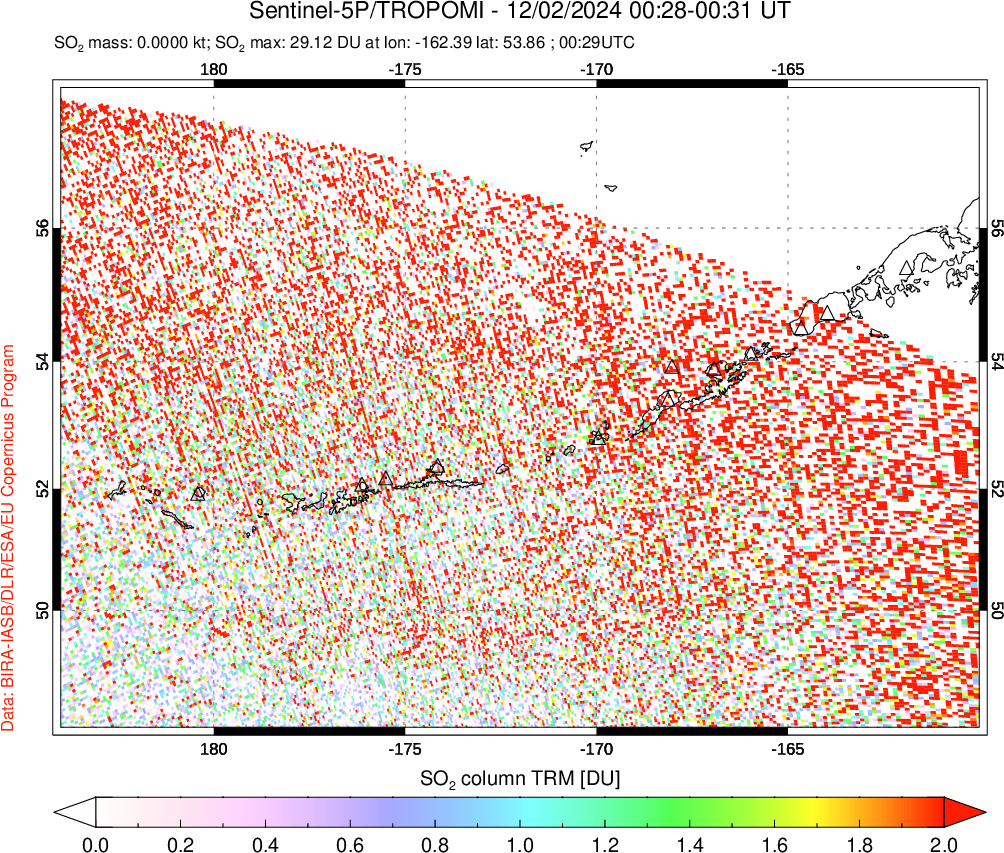 A sulfur dioxide image over Aleutian Islands, Alaska, USA on Dec 02, 2024.