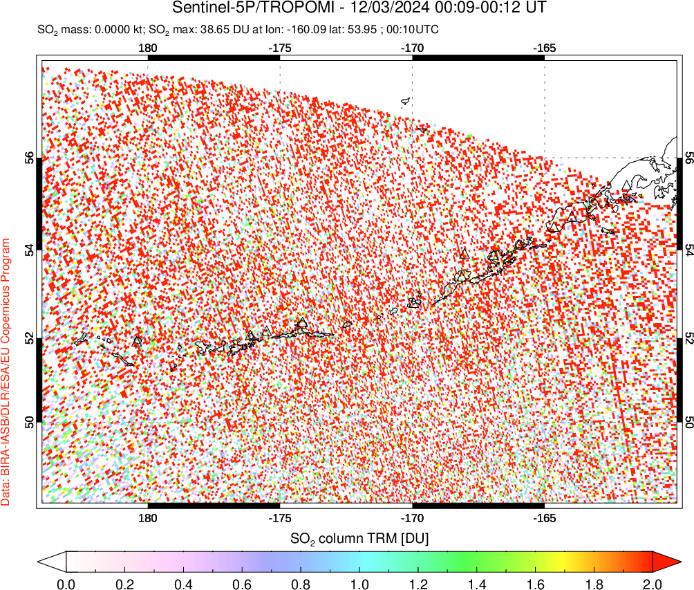 A sulfur dioxide image over Aleutian Islands, Alaska, USA on Dec 03, 2024.