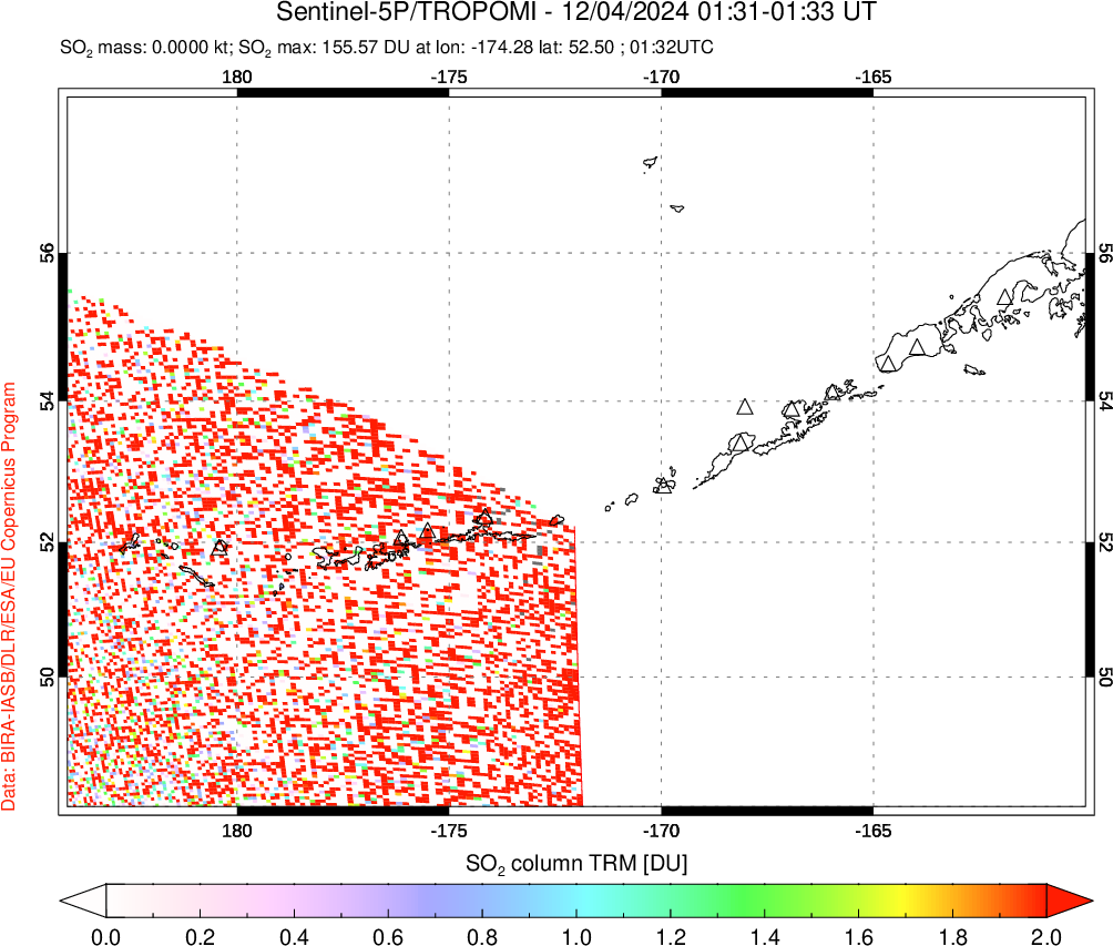 A sulfur dioxide image over Aleutian Islands, Alaska, USA on Dec 04, 2024.