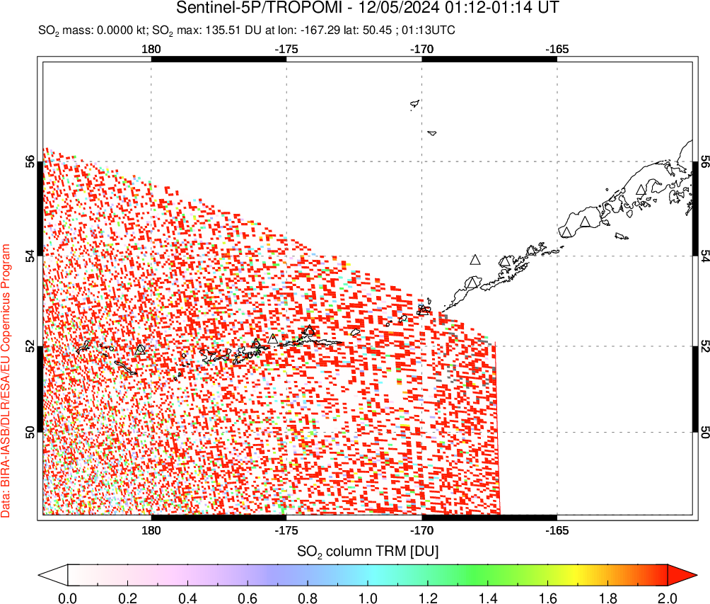 A sulfur dioxide image over Aleutian Islands, Alaska, USA on Dec 05, 2024.