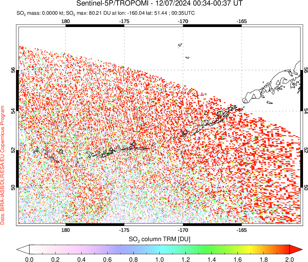 A sulfur dioxide image over Aleutian Islands, Alaska, USA on Dec 07, 2024.