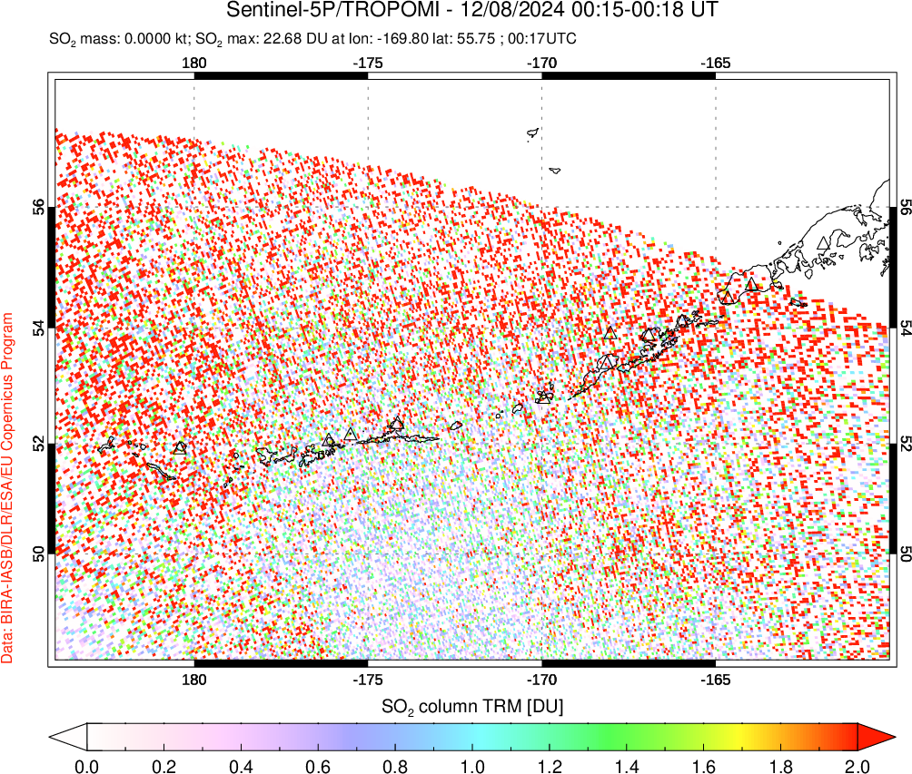 A sulfur dioxide image over Aleutian Islands, Alaska, USA on Dec 08, 2024.