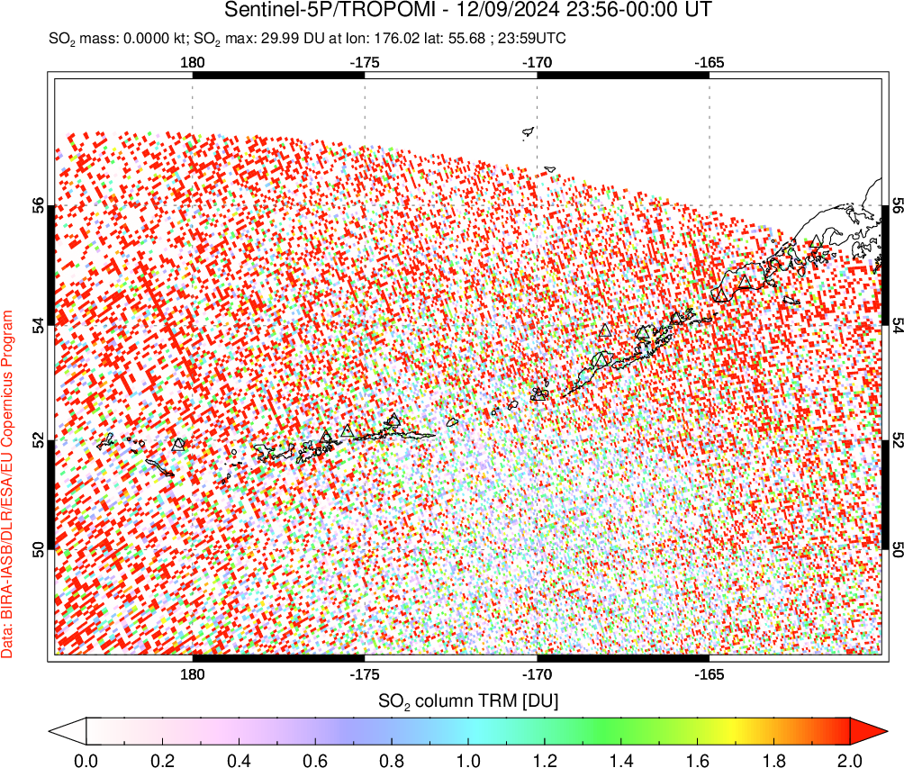 A sulfur dioxide image over Aleutian Islands, Alaska, USA on Dec 09, 2024.