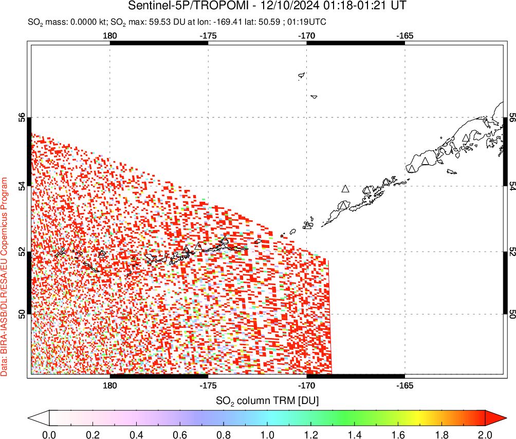 A sulfur dioxide image over Aleutian Islands, Alaska, USA on Dec 10, 2024.