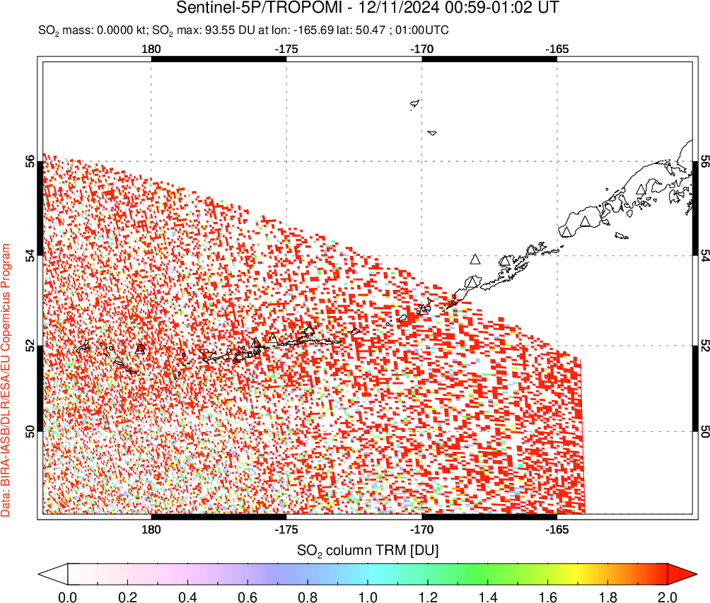 A sulfur dioxide image over Aleutian Islands, Alaska, USA on Dec 11, 2024.