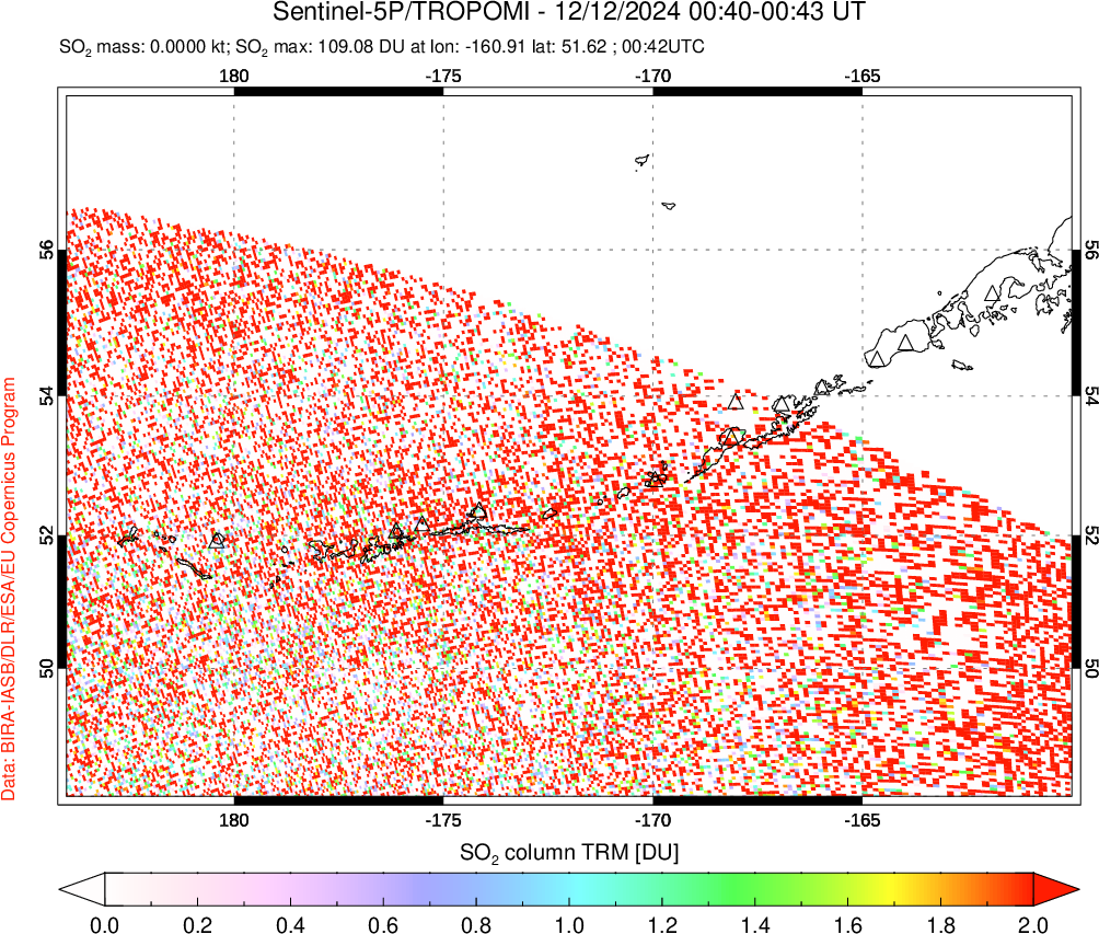 A sulfur dioxide image over Aleutian Islands, Alaska, USA on Dec 12, 2024.