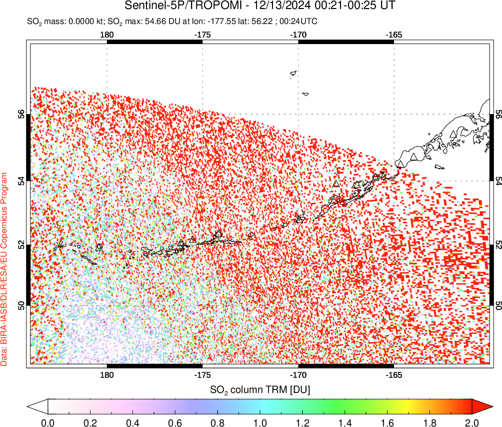 A sulfur dioxide image over Aleutian Islands, Alaska, USA on Dec 13, 2024.