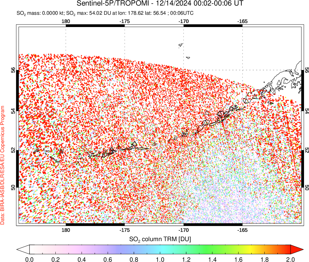 A sulfur dioxide image over Aleutian Islands, Alaska, USA on Dec 14, 2024.