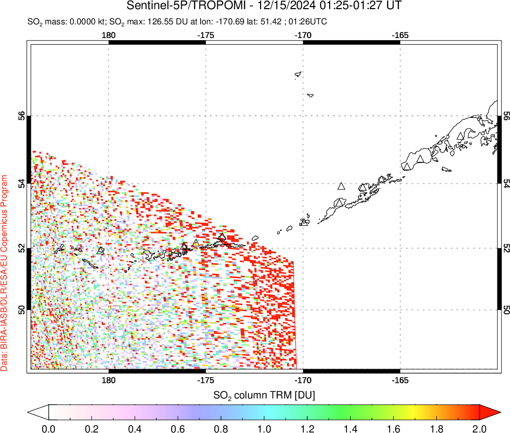 A sulfur dioxide image over Aleutian Islands, Alaska, USA on Dec 15, 2024.