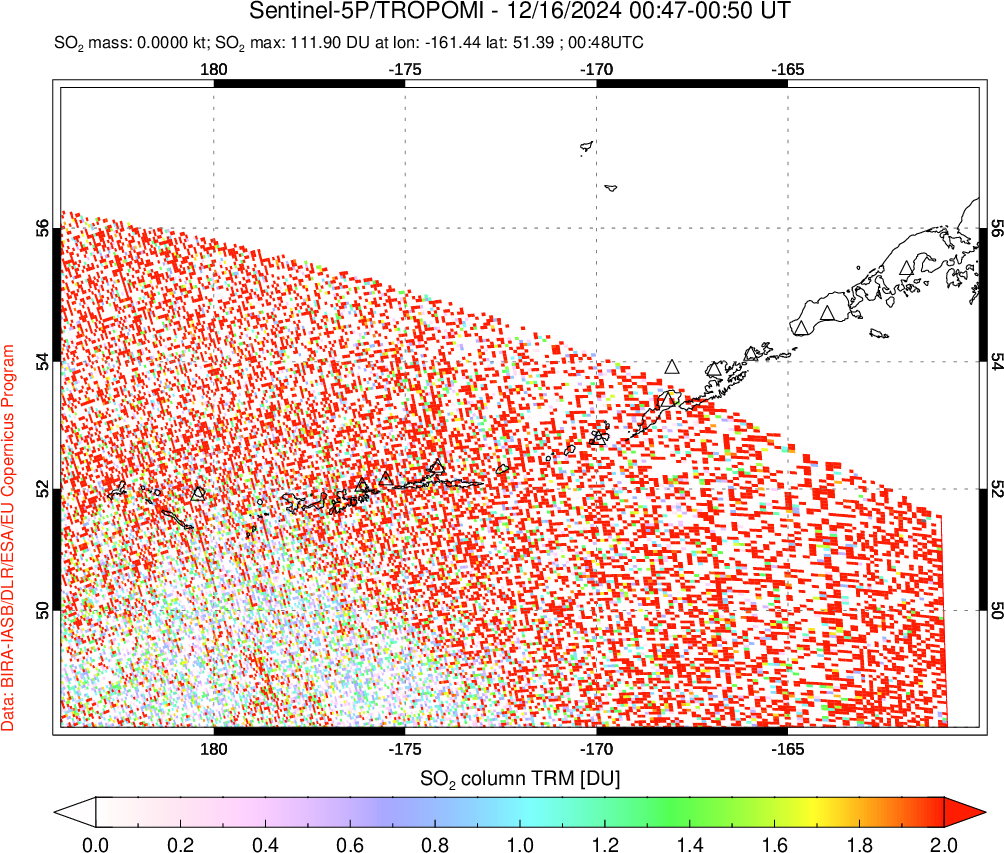 A sulfur dioxide image over Aleutian Islands, Alaska, USA on Dec 16, 2024.