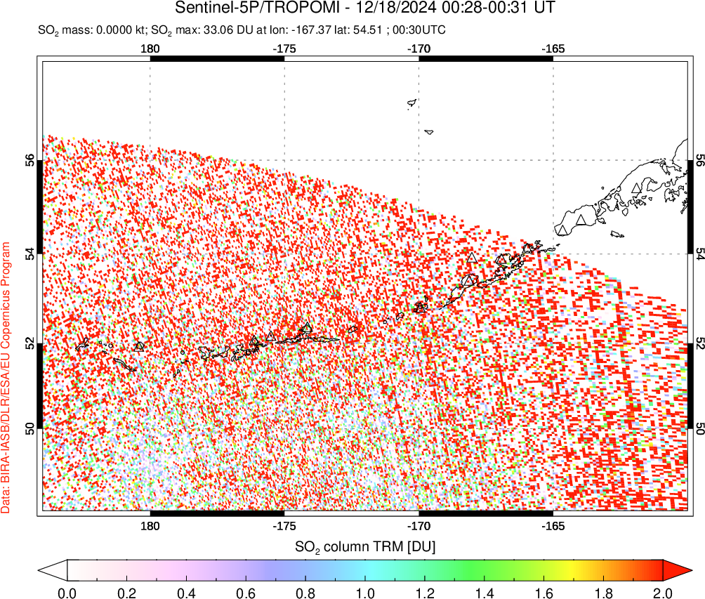 A sulfur dioxide image over Aleutian Islands, Alaska, USA on Dec 18, 2024.