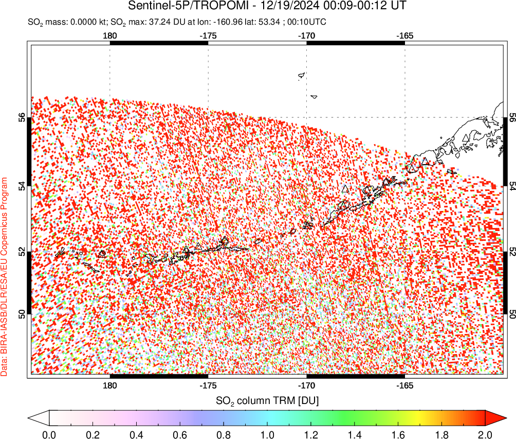 A sulfur dioxide image over Aleutian Islands, Alaska, USA on Dec 19, 2024.