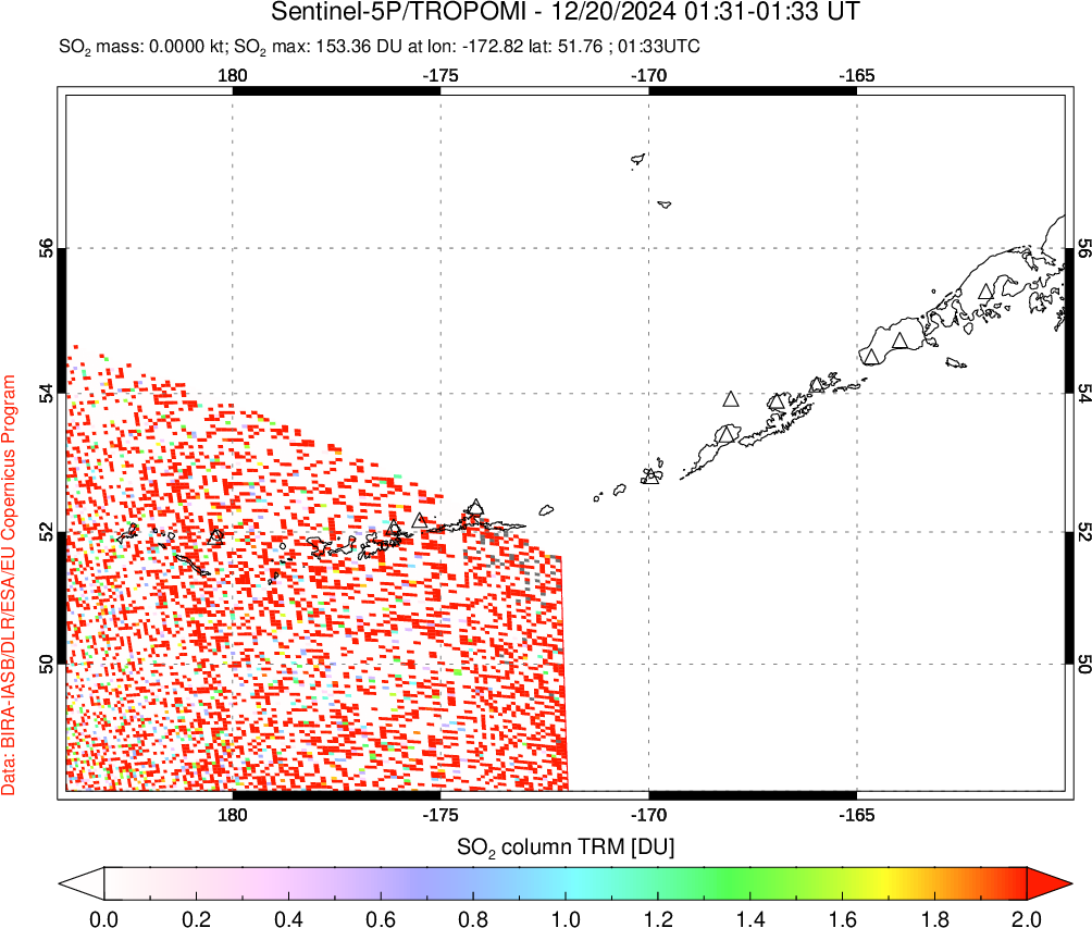 A sulfur dioxide image over Aleutian Islands, Alaska, USA on Dec 20, 2024.