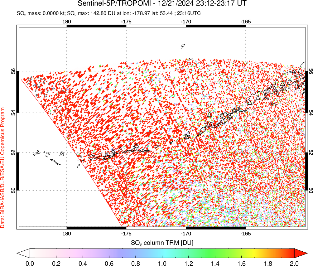 A sulfur dioxide image over Aleutian Islands, Alaska, USA on Dec 21, 2024.