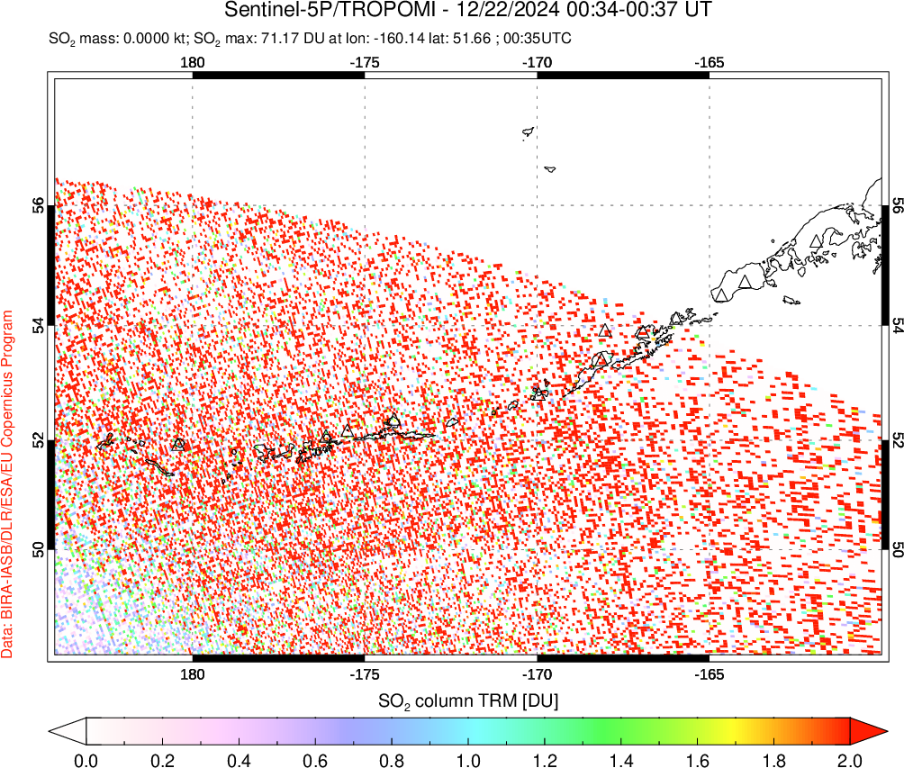 A sulfur dioxide image over Aleutian Islands, Alaska, USA on Dec 22, 2024.