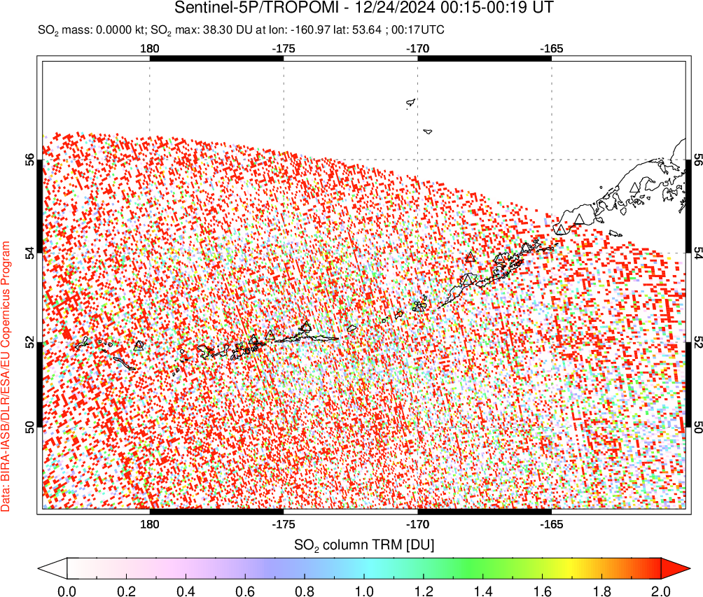 A sulfur dioxide image over Aleutian Islands, Alaska, USA on Dec 24, 2024.