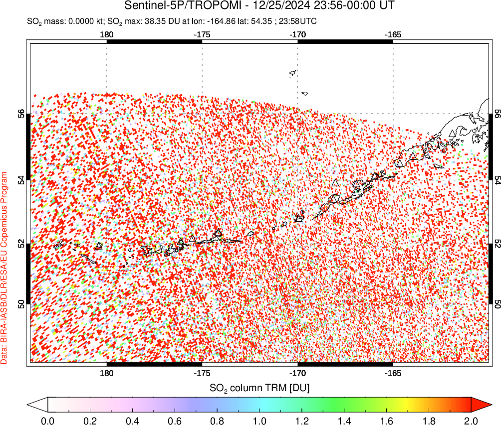 A sulfur dioxide image over Aleutian Islands, Alaska, USA on Dec 25, 2024.