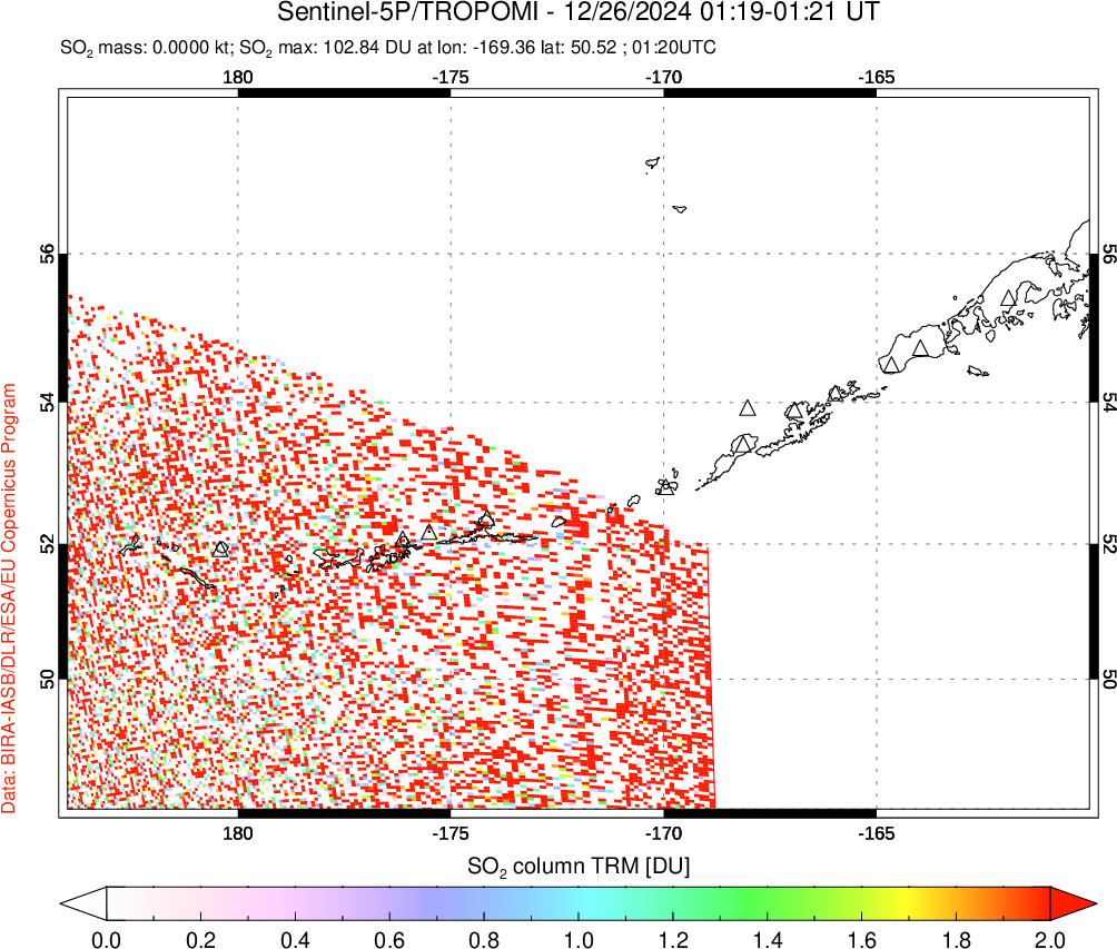 A sulfur dioxide image over Aleutian Islands, Alaska, USA on Dec 26, 2024.