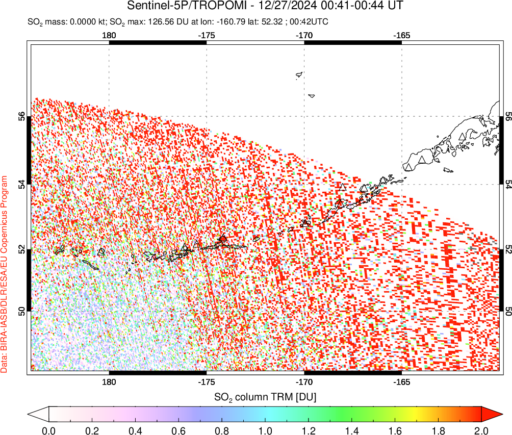 A sulfur dioxide image over Aleutian Islands, Alaska, USA on Dec 27, 2024.