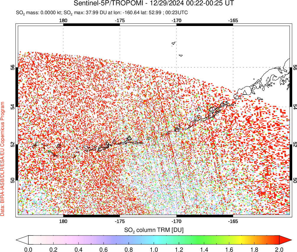 A sulfur dioxide image over Aleutian Islands, Alaska, USA on Dec 29, 2024.