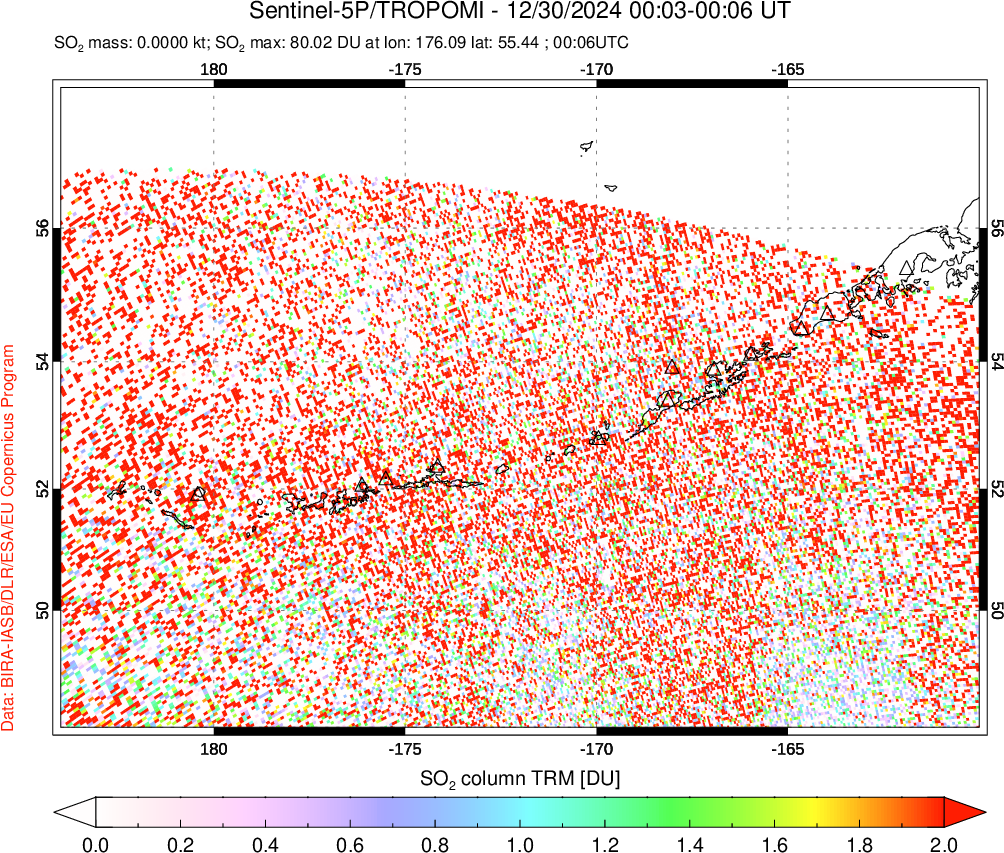 A sulfur dioxide image over Aleutian Islands, Alaska, USA on Dec 30, 2024.