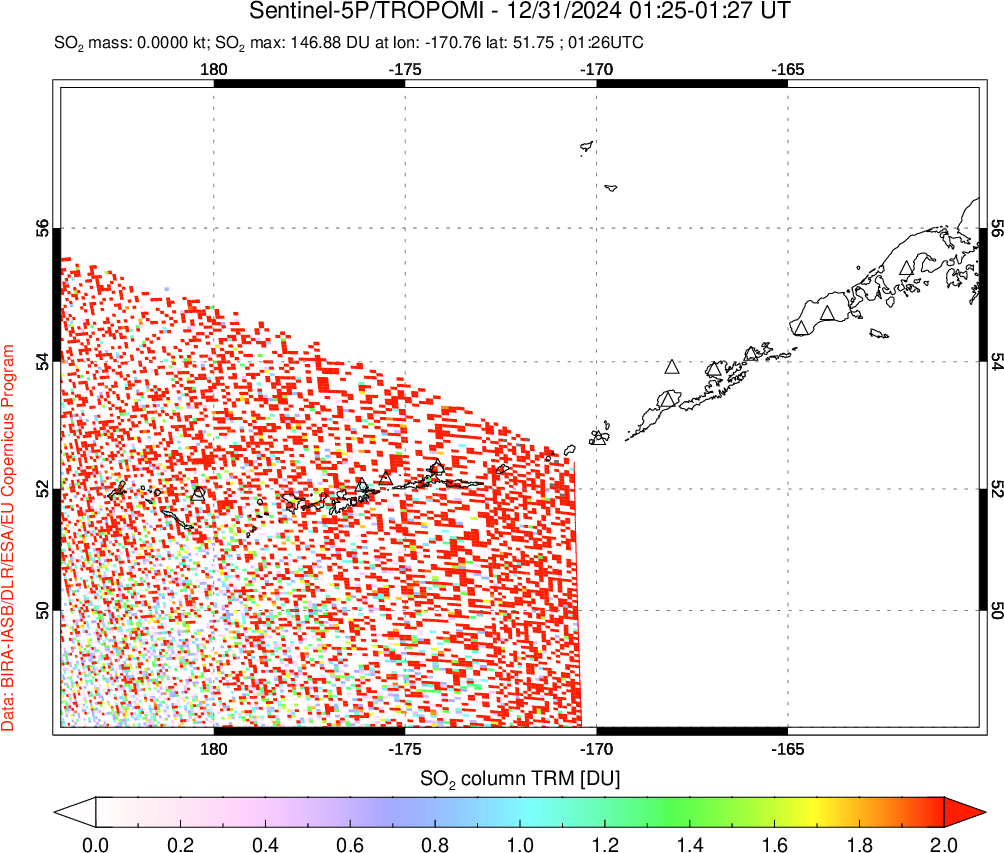 A sulfur dioxide image over Aleutian Islands, Alaska, USA on Dec 31, 2024.