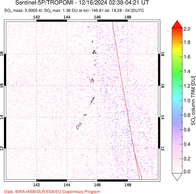 A sulfur dioxide image over Anatahan, Mariana Islands on Dec 16, 2024.