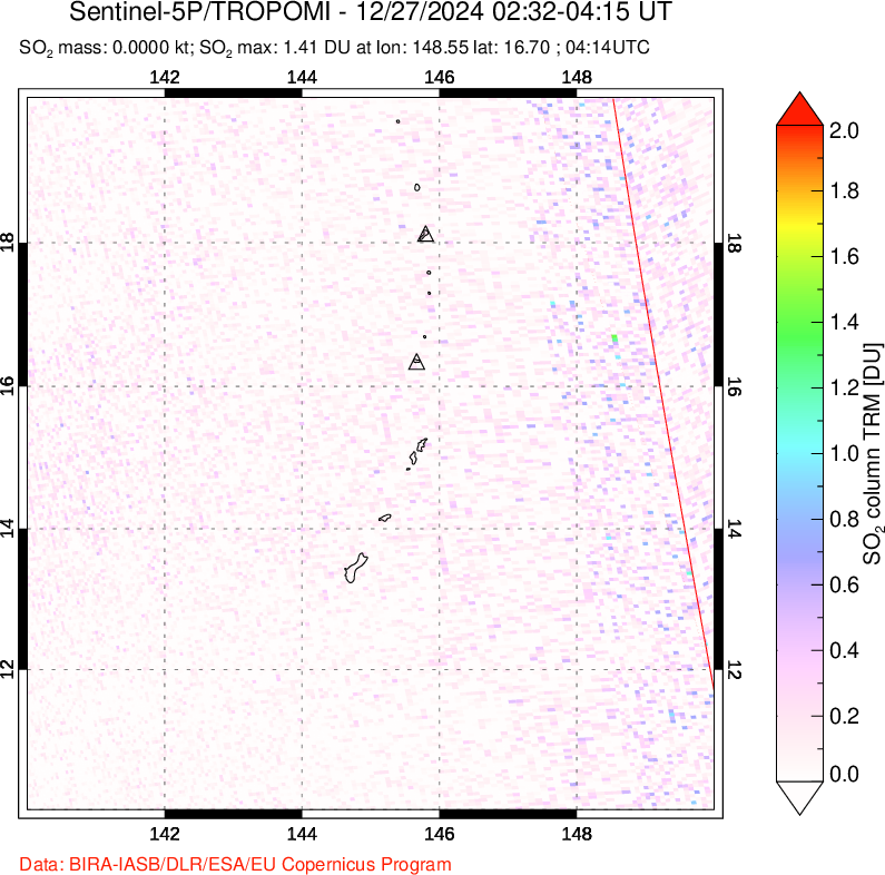 A sulfur dioxide image over Anatahan, Mariana Islands on Dec 27, 2024.