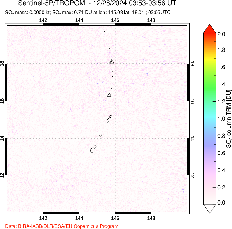 A sulfur dioxide image over Anatahan, Mariana Islands on Dec 28, 2024.