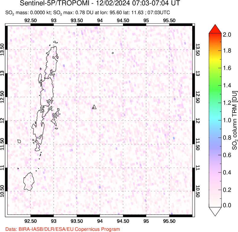 A sulfur dioxide image over Andaman Islands, Indian Ocean on Dec 02, 2024.