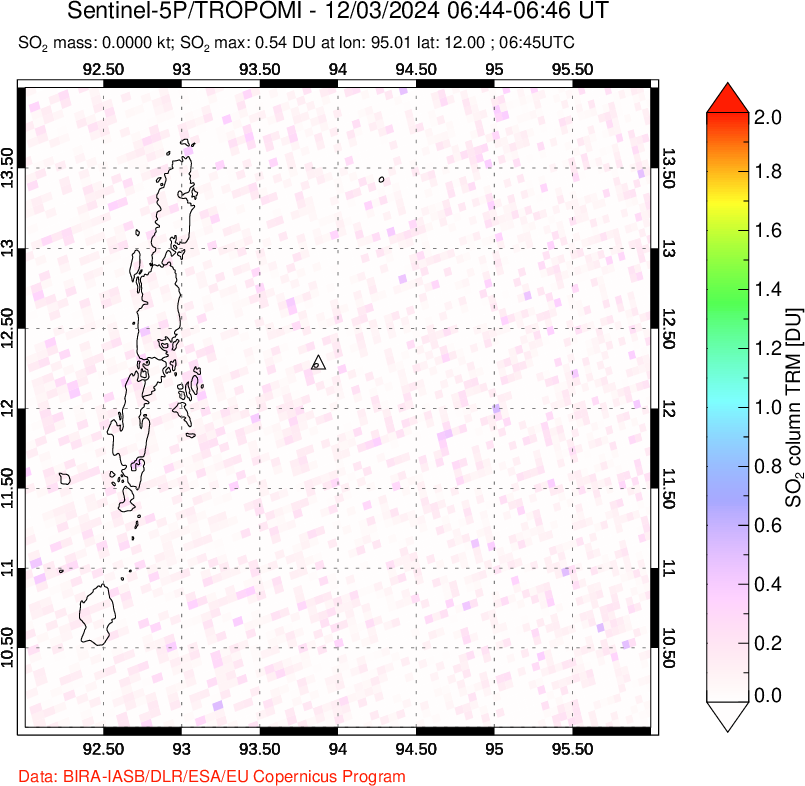 A sulfur dioxide image over Andaman Islands, Indian Ocean on Dec 03, 2024.