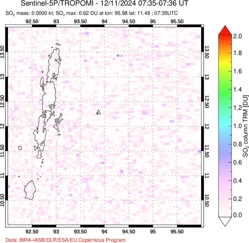 A sulfur dioxide image over Andaman Islands, Indian Ocean on Dec 11, 2024.