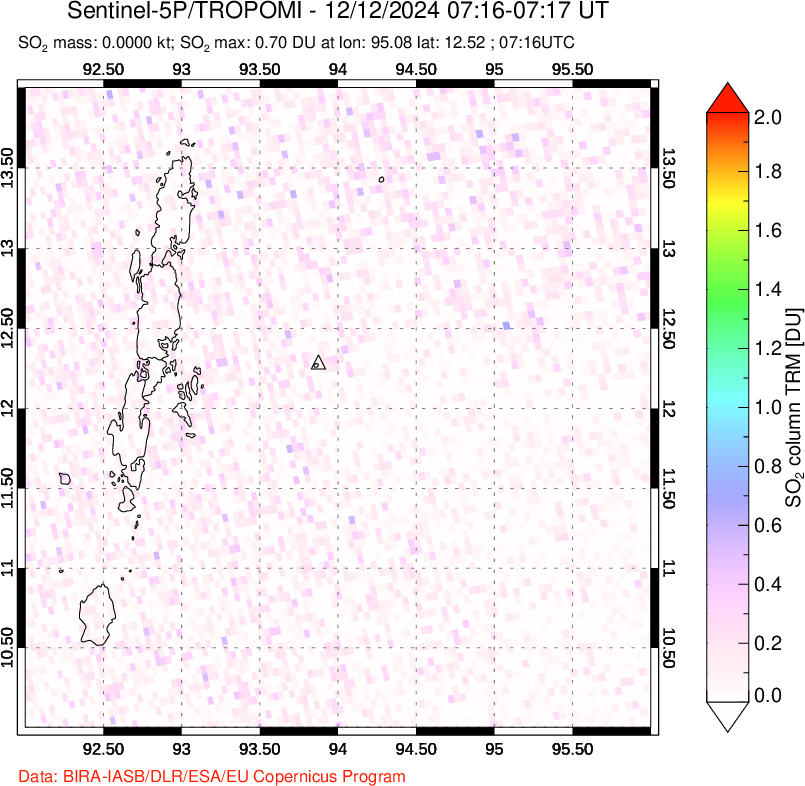 A sulfur dioxide image over Andaman Islands, Indian Ocean on Dec 12, 2024.