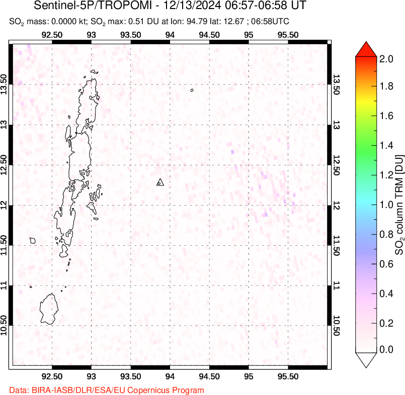 A sulfur dioxide image over Andaman Islands, Indian Ocean on Dec 13, 2024.