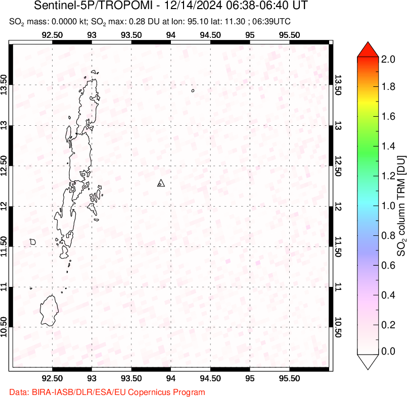 A sulfur dioxide image over Andaman Islands, Indian Ocean on Dec 14, 2024.