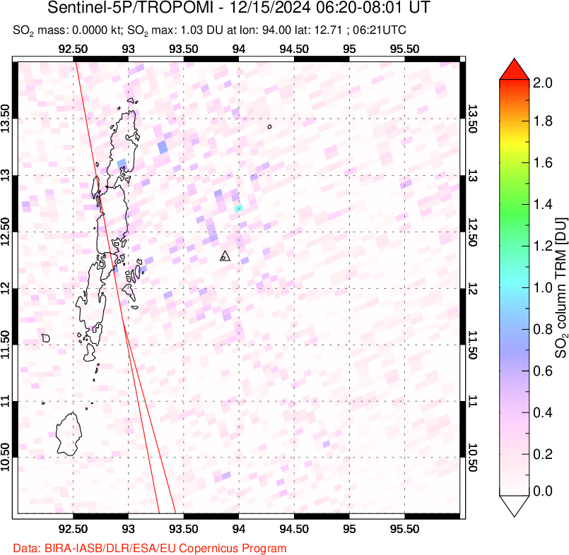 A sulfur dioxide image over Andaman Islands, Indian Ocean on Dec 15, 2024.