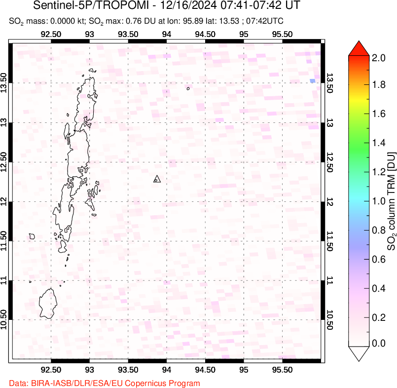 A sulfur dioxide image over Andaman Islands, Indian Ocean on Dec 16, 2024.