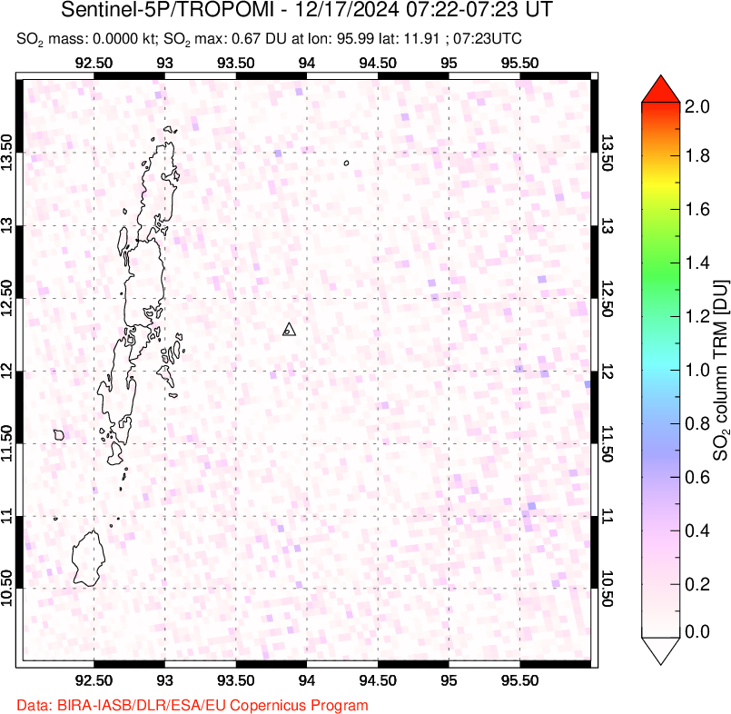 A sulfur dioxide image over Andaman Islands, Indian Ocean on Dec 17, 2024.