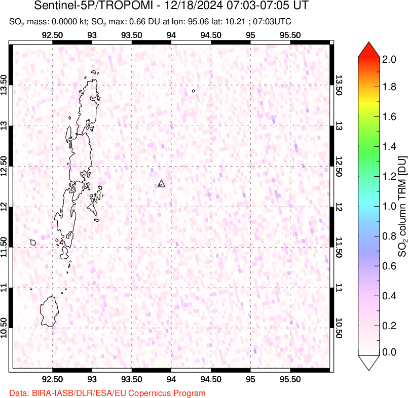 A sulfur dioxide image over Andaman Islands, Indian Ocean on Dec 18, 2024.